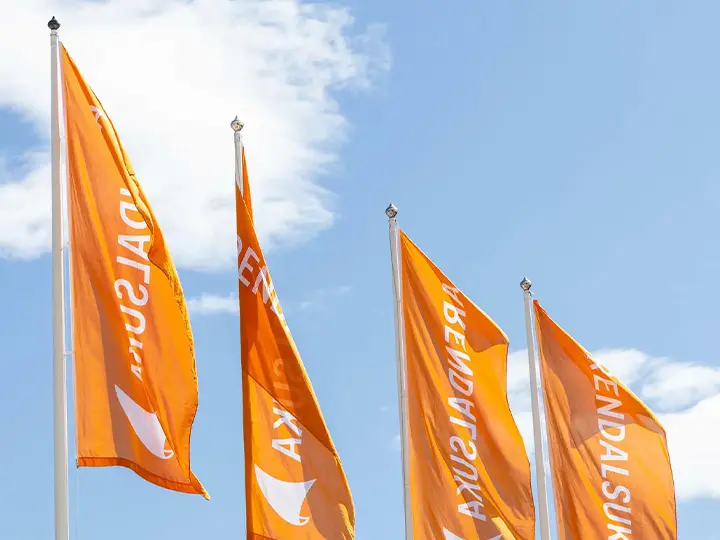 orange flags with the logo for arendalsuka on them